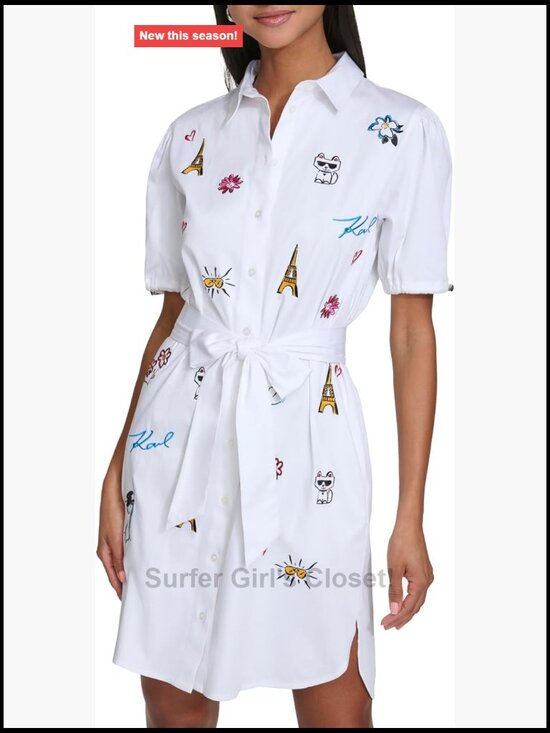 Dresses & Skirts - Poplin Shirt Dress with Tie Waist, Short Sleeve Cotton, Fitted A-Line